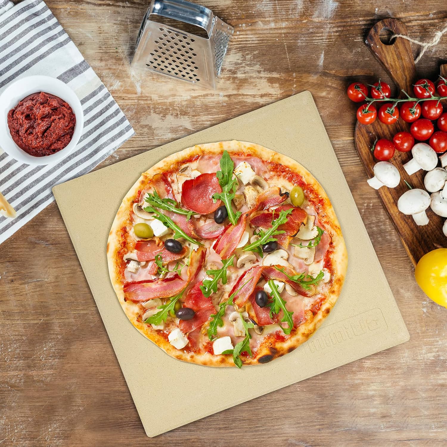 Pierre à pizza carrée avec une pizza cuite et des ingrédients autour